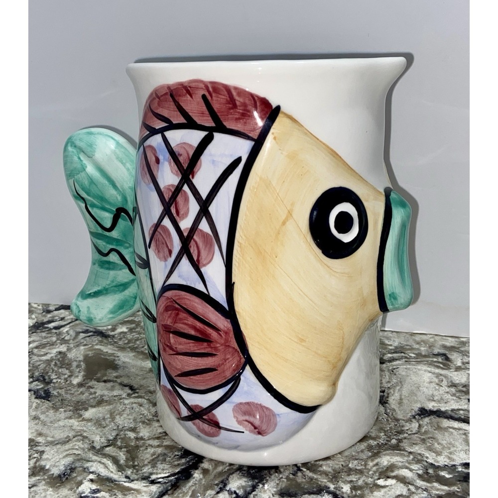 Ceramic Kissing Fish Pitcher 7.5x5" Whimsical Ocean Tropical Hand Painted